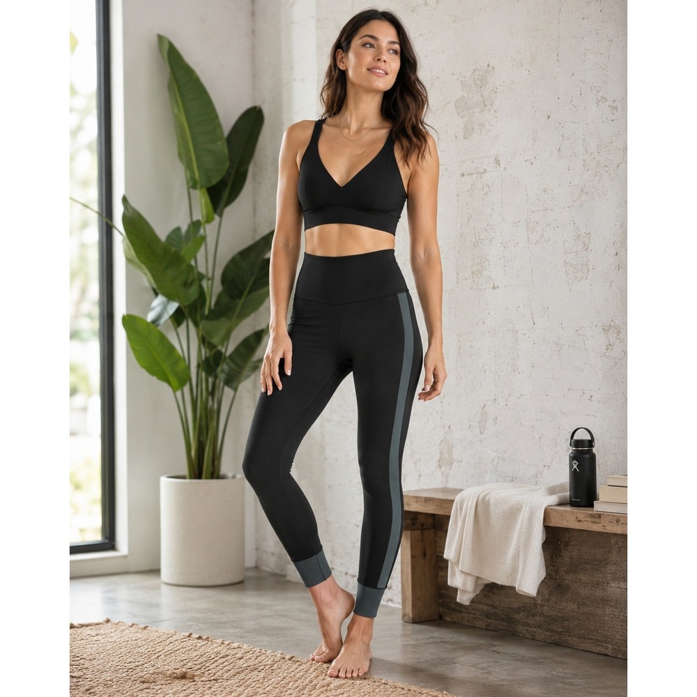 Athleta Leggings‎ Womens Small Black Elation Rib Trim 7/8 Tight Activewear Yoga